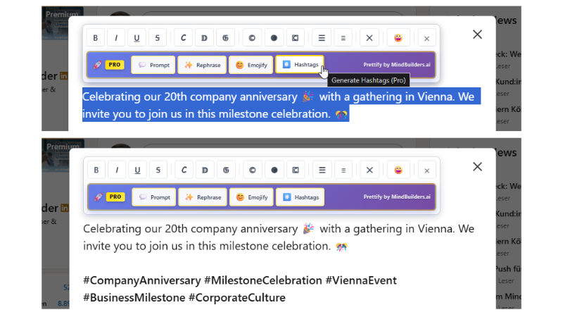 Auto Hashtags feature in action