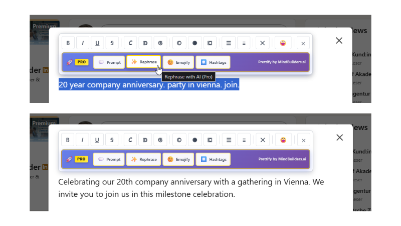 AI-Powered Rephrase feature in action